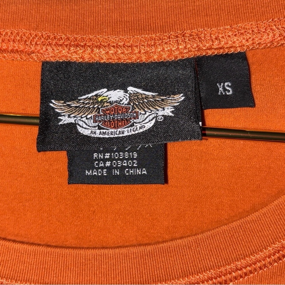Harley Davidson Woman's Orange Long Sleeve Rhinestone Shirt Size XS P2P 16" - Picture 5 of 5